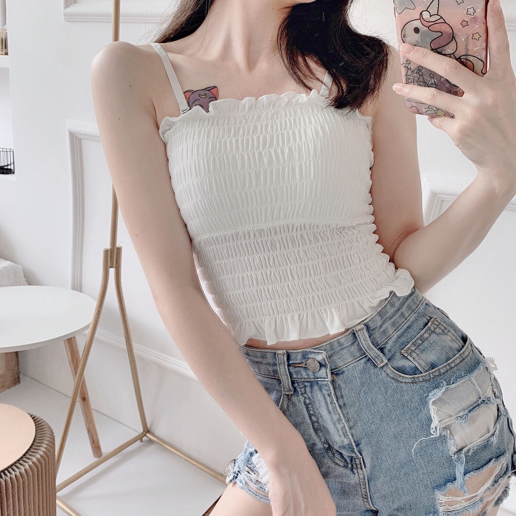 DUNEA Áo Hai Dây Vải Lụa Mát Xếp Ly Có Đệm Ngực Thời Trang Quyến Rũ Cho Nữ