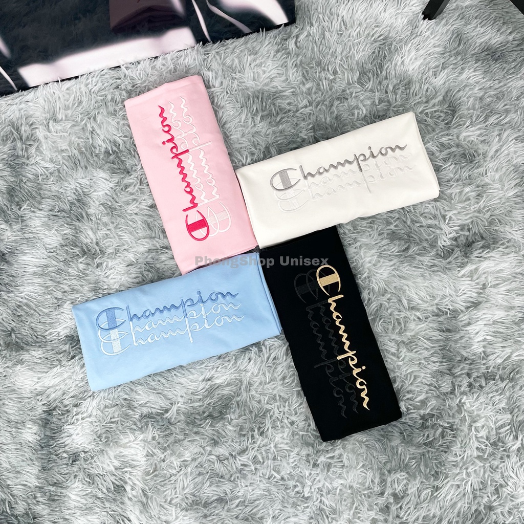 Áo thun Champion Logo thêu 3 line, Áo thun Unisex tay lỡ nam nữ Form rộng Oversize chất Cotton