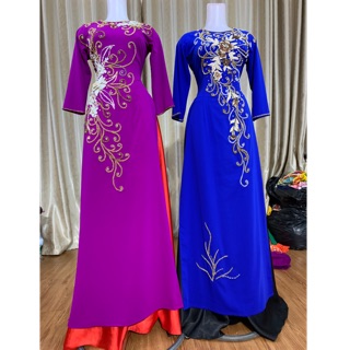 Áo dài tím và xanh💥FREESHIP 💥Áo dài đính kết hoa ren thiết kết xinh cho mẹ