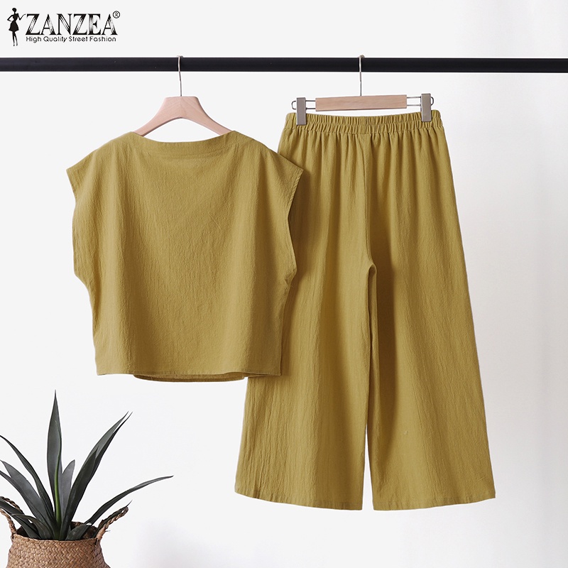 Set ZANZEA áo thun ngắn tay cổ tròn và quần dài ống rộng thời trang cho nữ