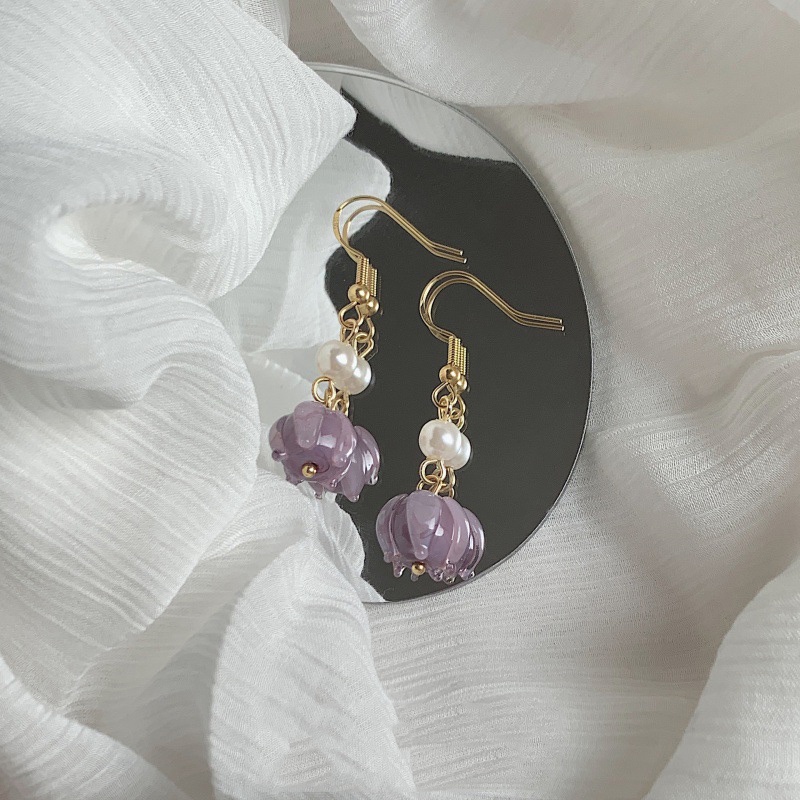 Khuyên Tai Hình Hoa Tím Đính Ngọc Trai Phong Cách Vintage Thanh Lịch