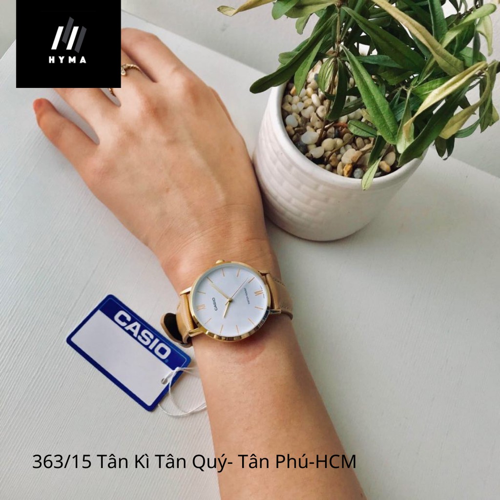Đồng hồ nữ đẹp dây da viềng vàng Casio LTP VT01GL Mặt đen trắng Size 34mm chống nước 3ATM Bảo hành 1 năm Hyma watch