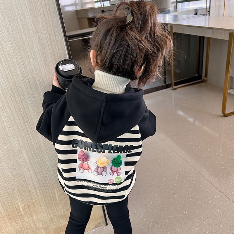 Áo Khoác Dày Có Mũ Trùm Với Họa Tiết Sọc Theo Phong Cách Mới Dành Cho Bé Gái