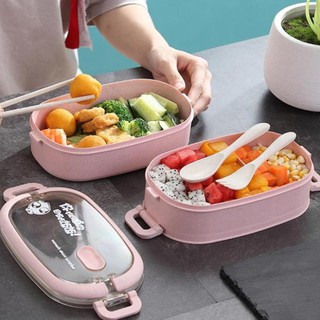 Hộp cơm lúa mạch giữ nhiệt 2 tầng - hộp cơm có quai xách tiện lợi tặng kèm đũa, muỗng, nĩa