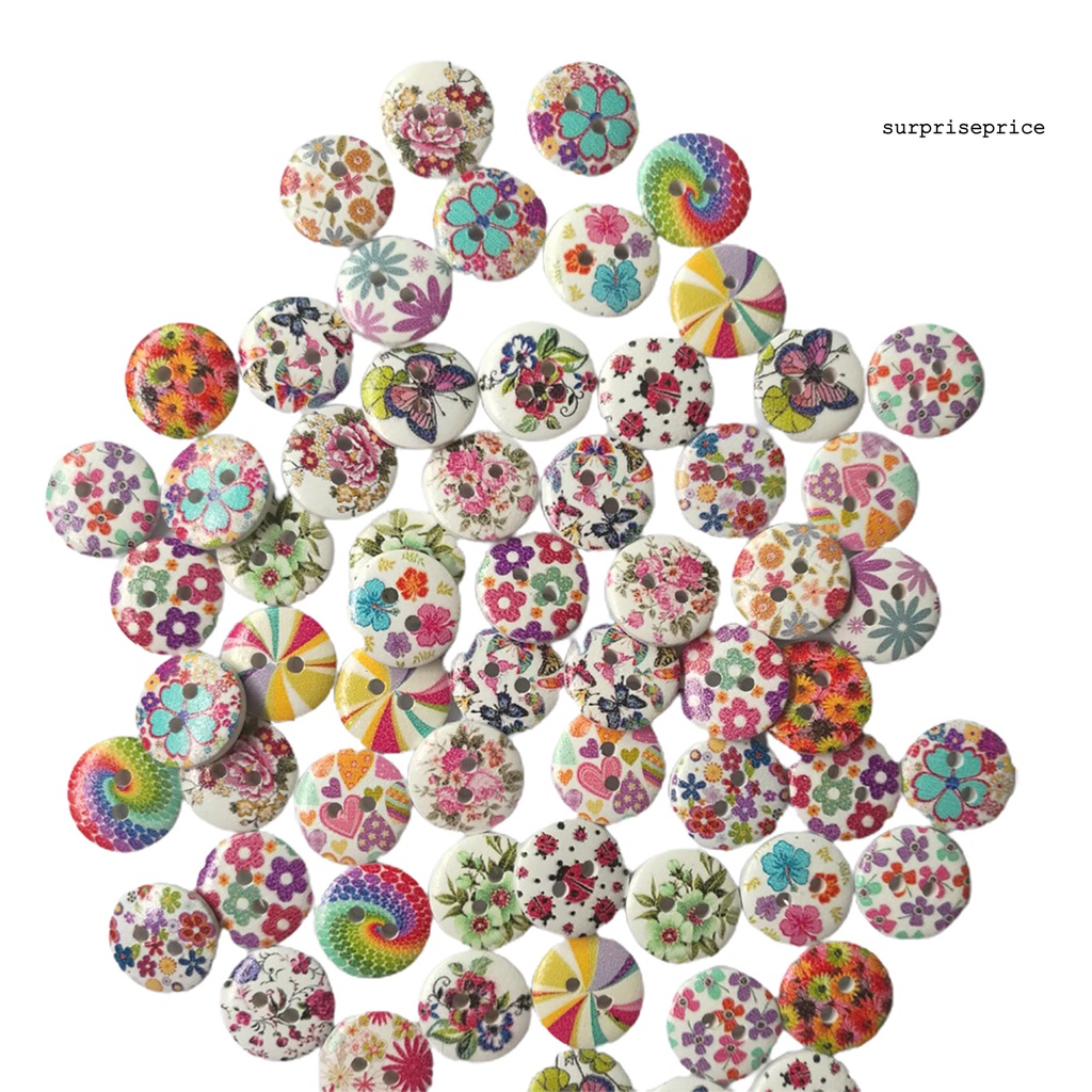 100 Nút Gỗ 2 Lỗ In Hình Hoa