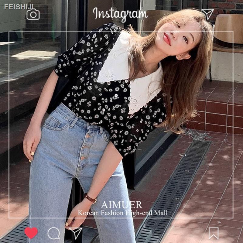 THANH LÝ MỚI áo sơ mi chiffon tay phồng hoa nhí đen cổ peter pan dài