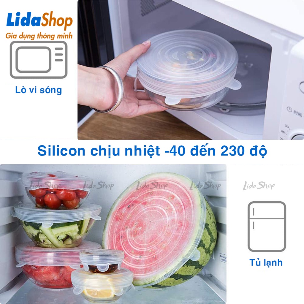 Nắp bọc thực phẩm silicon Lidashop, set 6 nắp bọc chén bát bằng silicon co giãn chịu nhiệt tốt B79