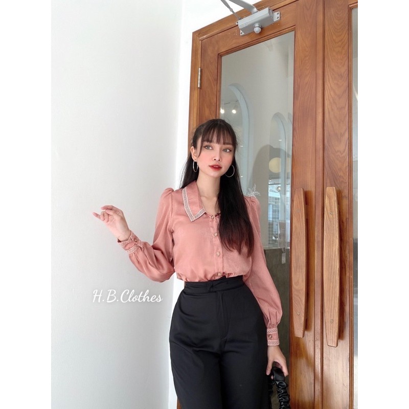 HB Set áo sơ mi cổ phối ren và quần ống suông | BigBuy360 - bigbuy360.vn