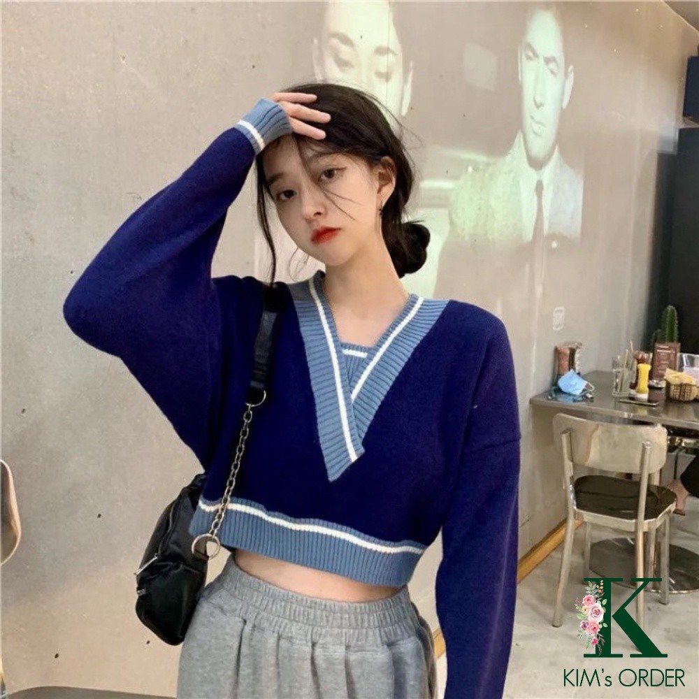 Áo len nữ croptop cổ chữ V dài tay màu đen ghi xanh than be phong cách Hàn Quốc, tặng dây buộc tóc, tặng túi thơm - Hàng