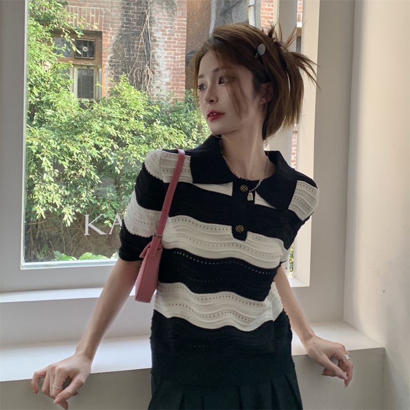 Áo thun ZHELIHANGFEI dệt kim cổ polo tay ngắn dáng rộng kẻ sọc ngang màu sắc tương phản cá tính