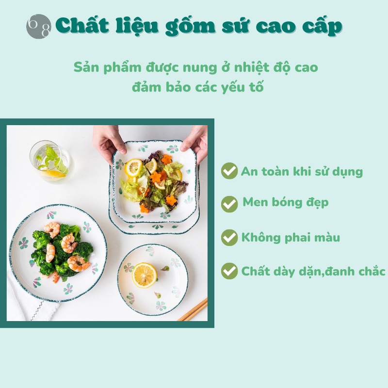 Bộ Bát Đĩa Chén Dĩa Sứ Bát Ăn cơm gốm sứ cao cấp họa tiết Hoa me xanh