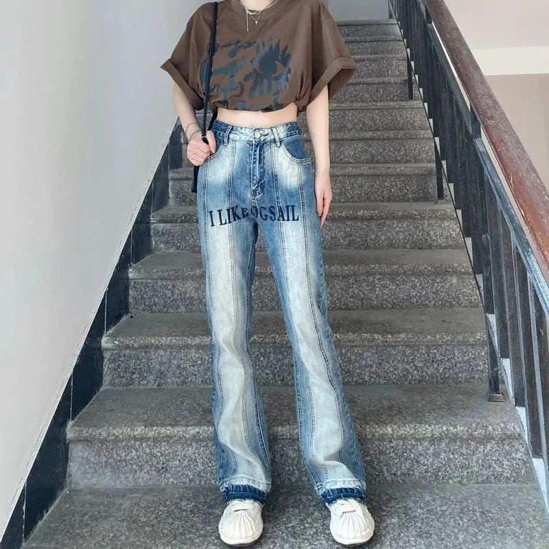 Jiashucheng Quần Jeans Nữ Ống Loe Lưng Cao Thêu Hoa
