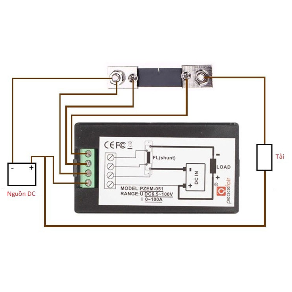 Đồng hồ đo dòng, áp, công suất, mức năng lượng DC kèm trở Shunt 50A - 100A