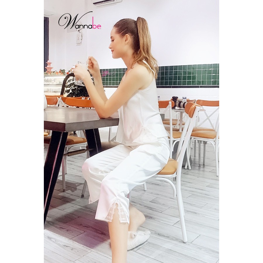 Đồ bộ mặc nhà phi lụa Wannabe, bộ dài BDS04 viền ren hoa nữ tính