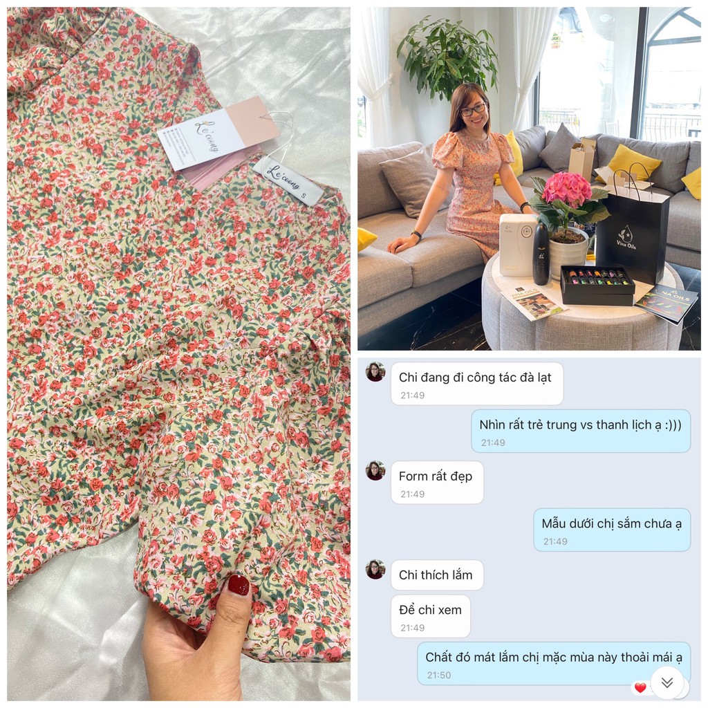 Váy đầm hoa nhí thiết kế thanh lịch đuôi cá kết hợp tay bồng dài qua gối hai màu đỏ/be_LeCoong V92 | BigBuy360 - bigbuy360.vn