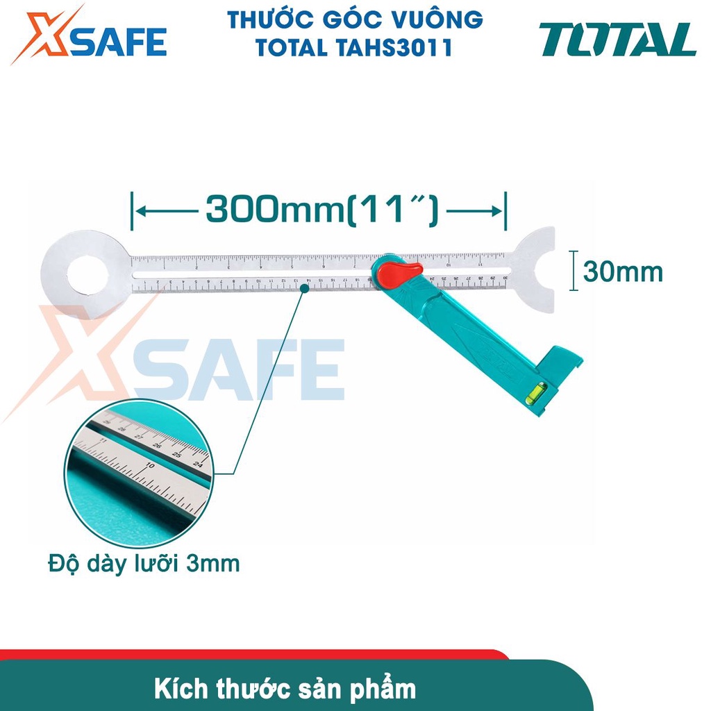 Thước góc vuông TOTAL TAHS3011 chiều dài 300mm, nhựa PC và sợi thủy tinh, có mực nước thủy cân bằng, hệ đo mét và inch