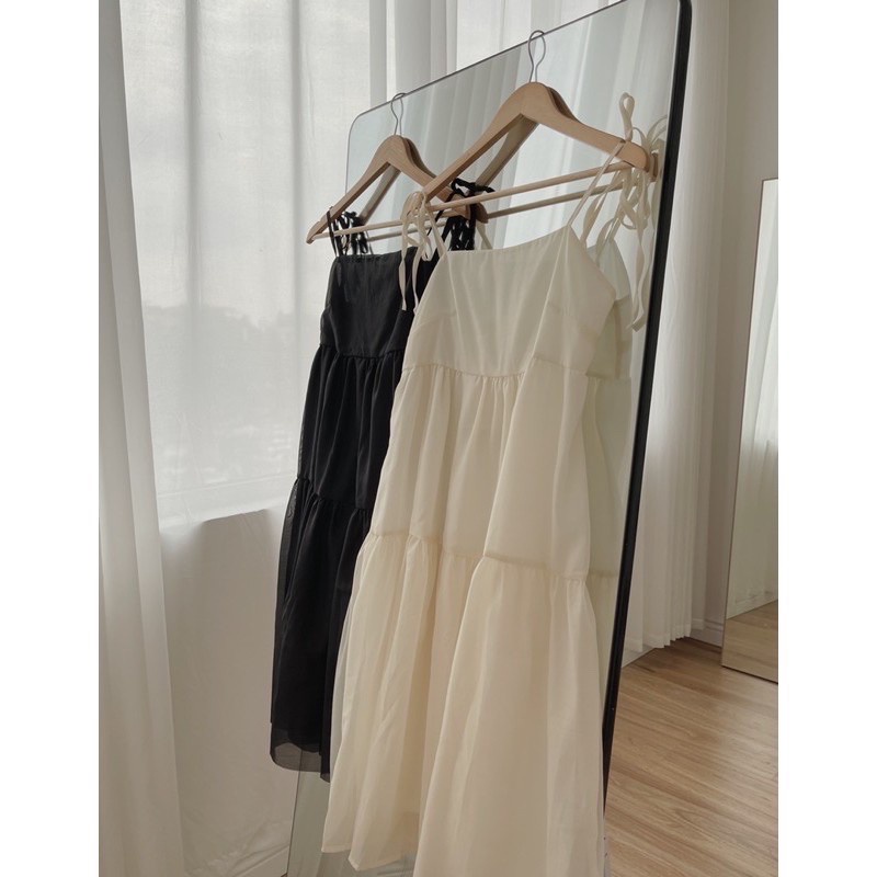 Váy maxi đi biển đi chơi 2 dây voan tơ 3 tầng bồng bềnh, Đầm 2 dây voan tơ 3 tầng DÂY BUỘC NƠ VAI babydoll.
