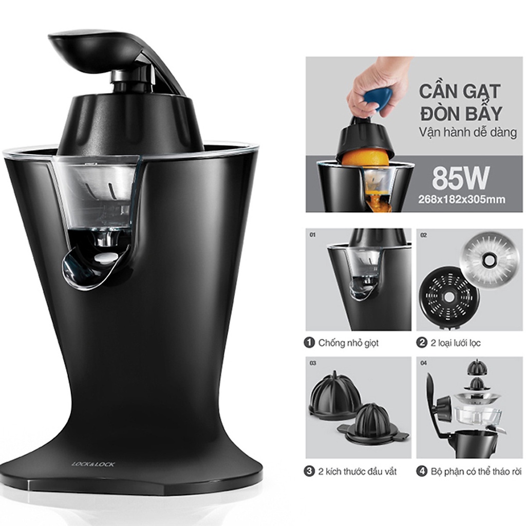 Máy vắt cam Lock&amp;Lock EJJ256BLK Handle Citrus Juicer - Màu đen - Hàng chính hãng - BH 12 tháng - giadungmall