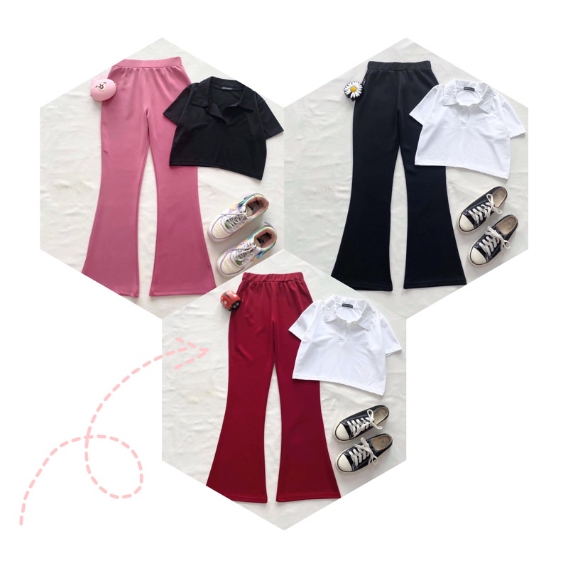 Set Bộ Quần Suông Ống Loe-Áo Croptop PoLo Ảnh Thật