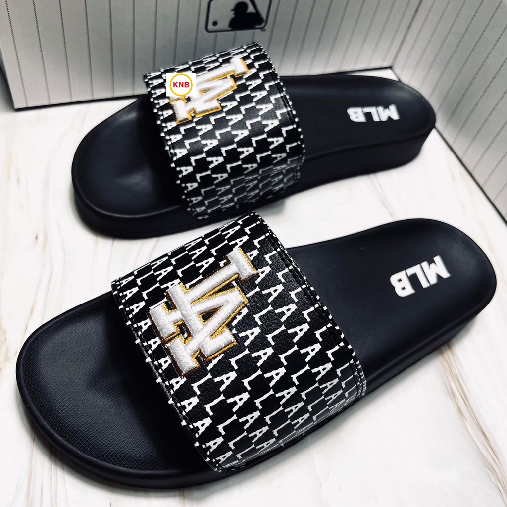 Dép 𝐌𝐋𝐁 UNISEX mẫu dép thể thao ❤️Freeship + Hộp ❤️ Dép LA bóng chày quai ngang nam nữ chữ thêu nỗi kèm tag mác full đen