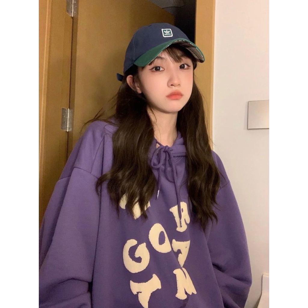 Áo hoodie dạ nữ dài tay Màu tím in ấn ngọt ngào nhẹ nhàng mỏng Cảm giác cao cấp ULzzang