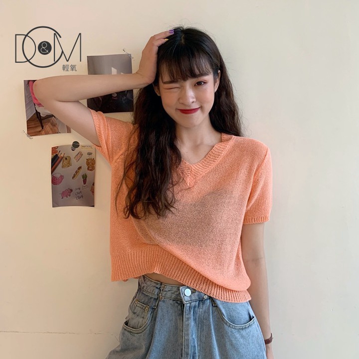 Áo Len Tay Ngắn Cổ Chữ V Màu Trơn Phong Cách Hàn Quốc