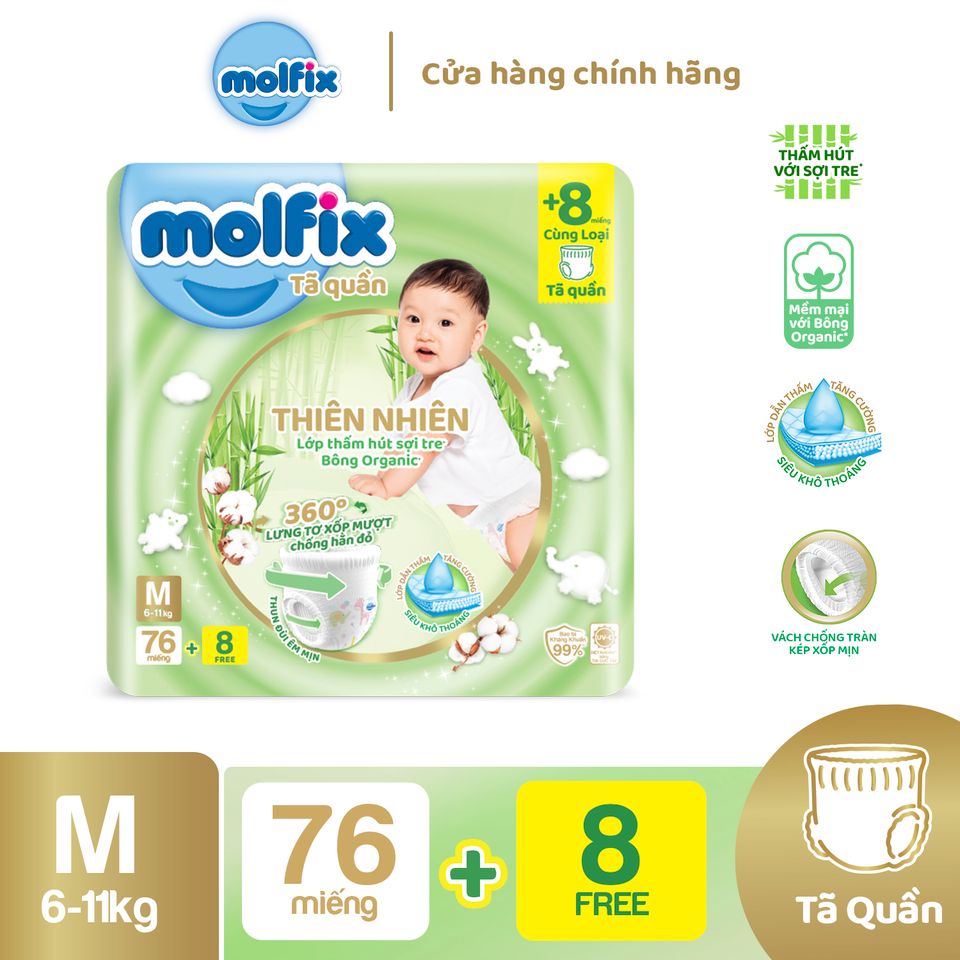 Bỉm quần làm từ sợi tre MOLFIX gói cực đại size M gói 76 miếng TẶNG 8 miếng