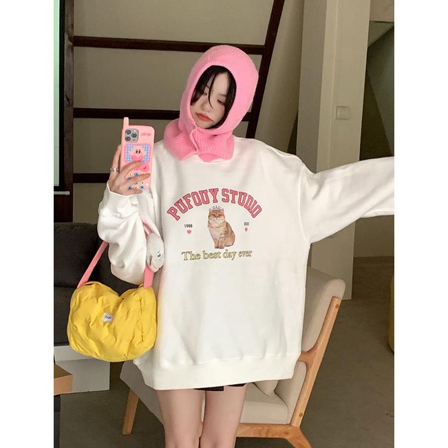 Áo sweater cổ tròn dáng rộng in hình mèo đáng yêu xinh xắn thời trang thu đông 2022