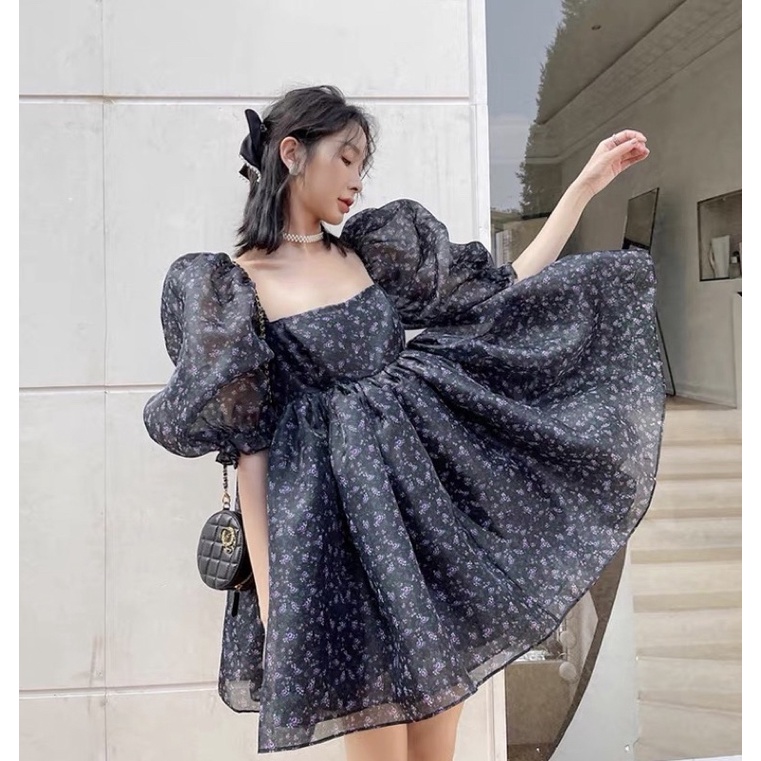 Đầm babydoll hoa nhí cổ vuông tay lở xinh xắn phong cách công chúa ulzzang Sam Sam Boutique