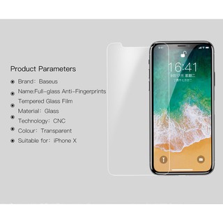 Kính cường lực chống bám vân tay cho iphone X hãng Baseus (full màn hình)