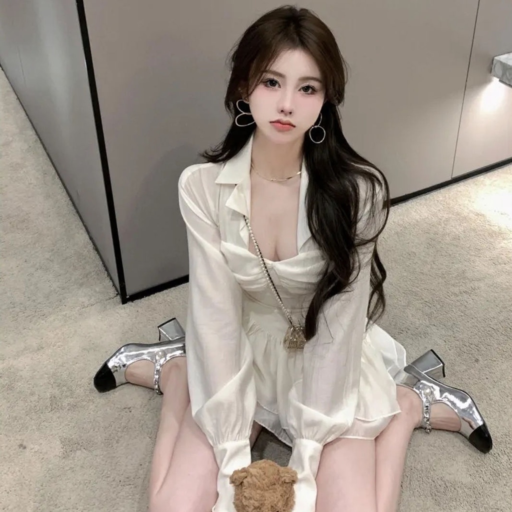 Đầm Ngắn Tay Dài Màu Sáng Sang Trọng Thời Trang Mùa Hè Quyến Rũ Cho Nữ