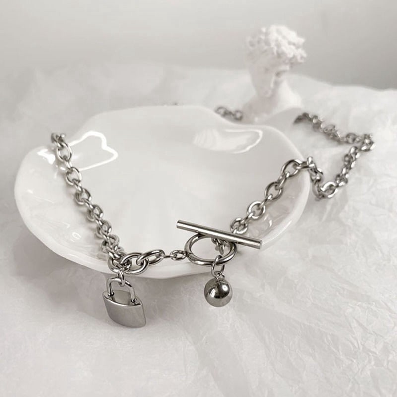 Dây Chuyền Thép Titan Mặt Ổ Khóa Tròn Thời Trang Đường Phố 23368