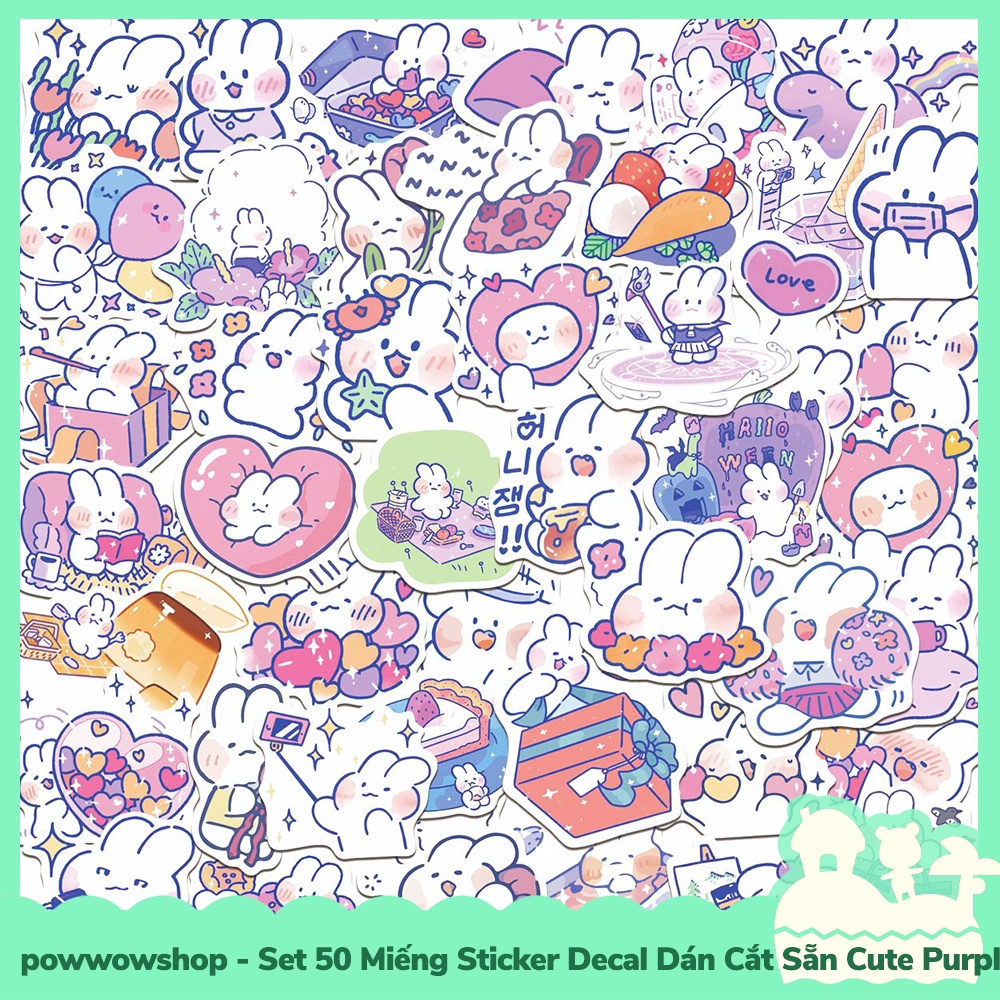 [Sẵn VN - Hỏa Tốc] Set 50 Miếng Sticker Decal Cắt Sẵn DIY Dán Trang Trí Vật Dụng Mẫu Thỏ Tím Cute Purple Rabbit Day Life