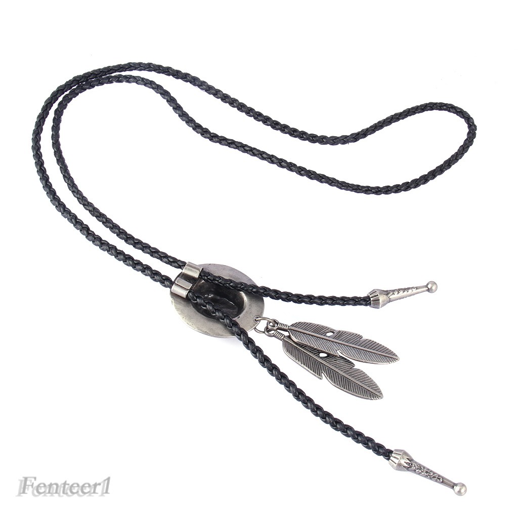 [FENTEER1] Western Cowboy Rodeo Bolo Tie Hat and Feather Pendant Black PU Rope Necktie