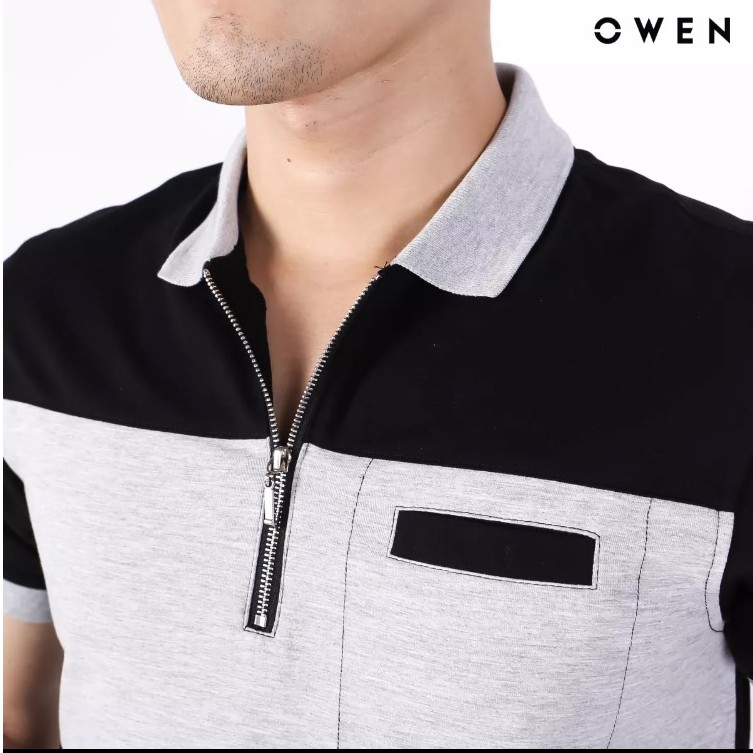 Áo polo nam Owen màu xám phối đen dây kéo - APV91663