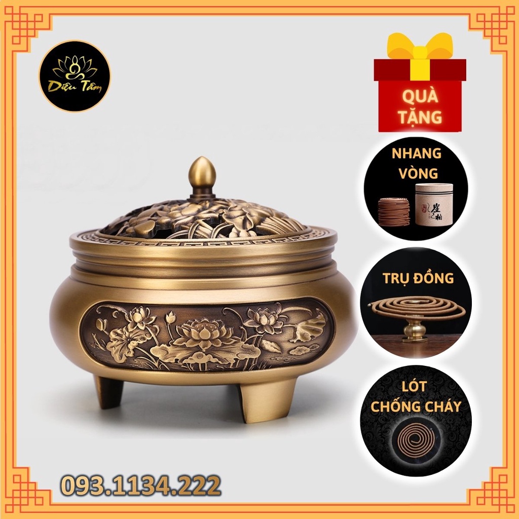 Lư xông trầm hương bằng đồng nguyên khối - chọn mẫu đôn, đế lư đồng thay lư điện tặng trụ cắm xông trầm hương