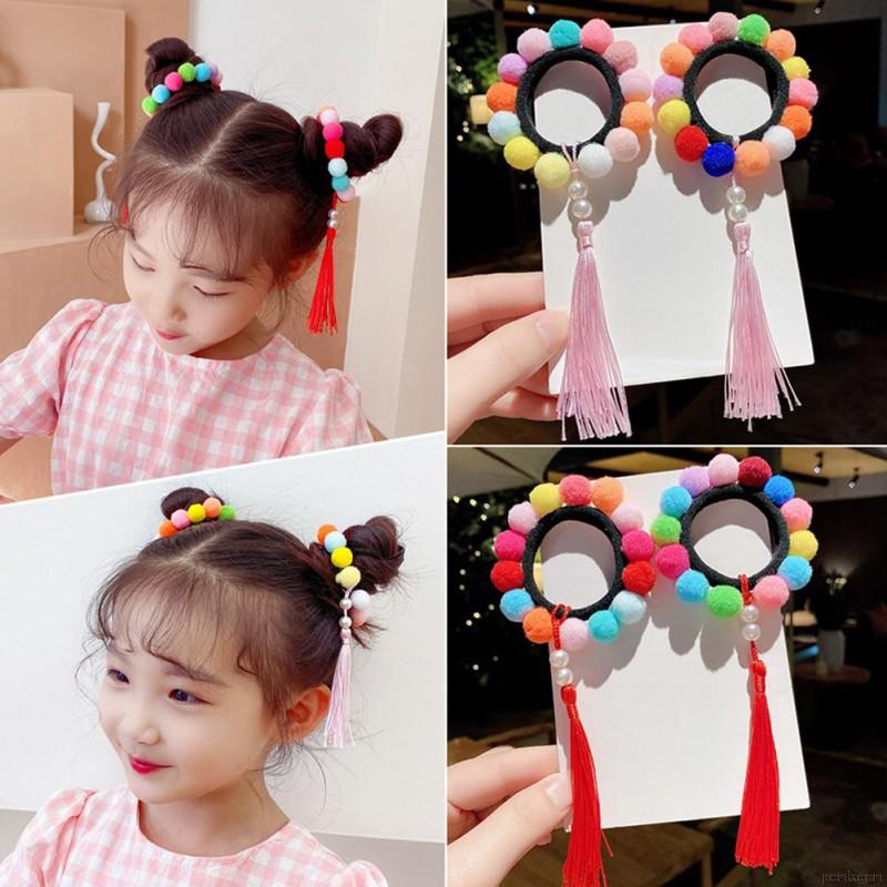 Dây buộc tóc đính bóng lông nhiều màu sắc cho bé gái