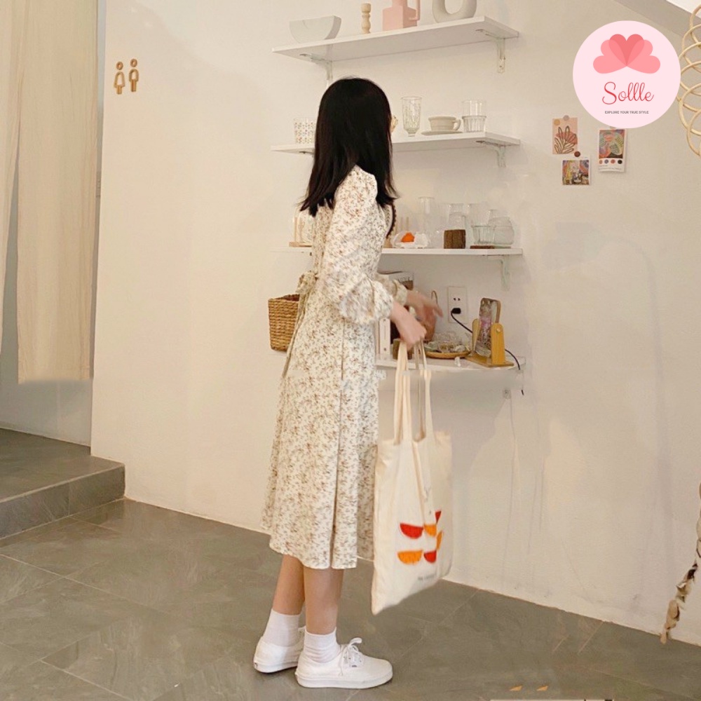 Váy trắng hoa nhí cỏ dài tay thanh lịch đầm babydoll dáng dài vintage nữ tính Hàn Quốc Sollle