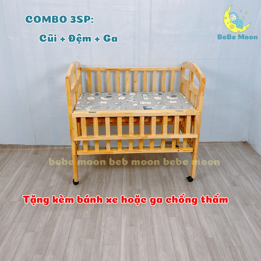 Nôi Cũi, Giường Cũi Gỗ Thông BeBe Moon Cho Bé Màu Tự Nhiên Kích Thước [110x70x96] BH 24 Tháng