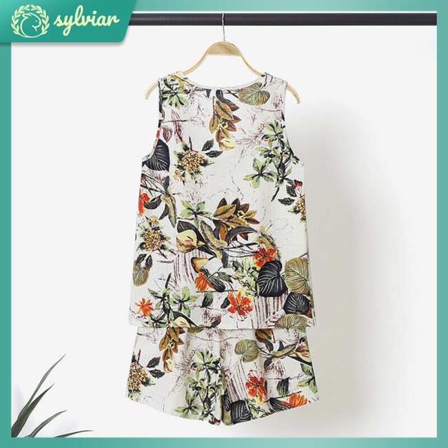 Bộ Trang Phục 2 Mảnh Gồm Áo Thun Cotton Linen Sát Nách Cổ Chữ V Và Quần Short In Họa Tiết Hoa Thời Trang Cho Nữ