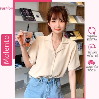 Áo Sơ Mi Nữ Cộc Tay Cổ Vest From Rộng Kiểu Hàn Quốc Đẹp Có Size Chất Đũi Tơ Nhẹ Thoáng Mát Không Bám Dính Molento M118