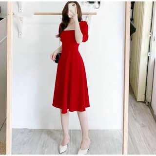 Đầm váy đỏ cổ vuông tay lỡ (kèm hình thật)