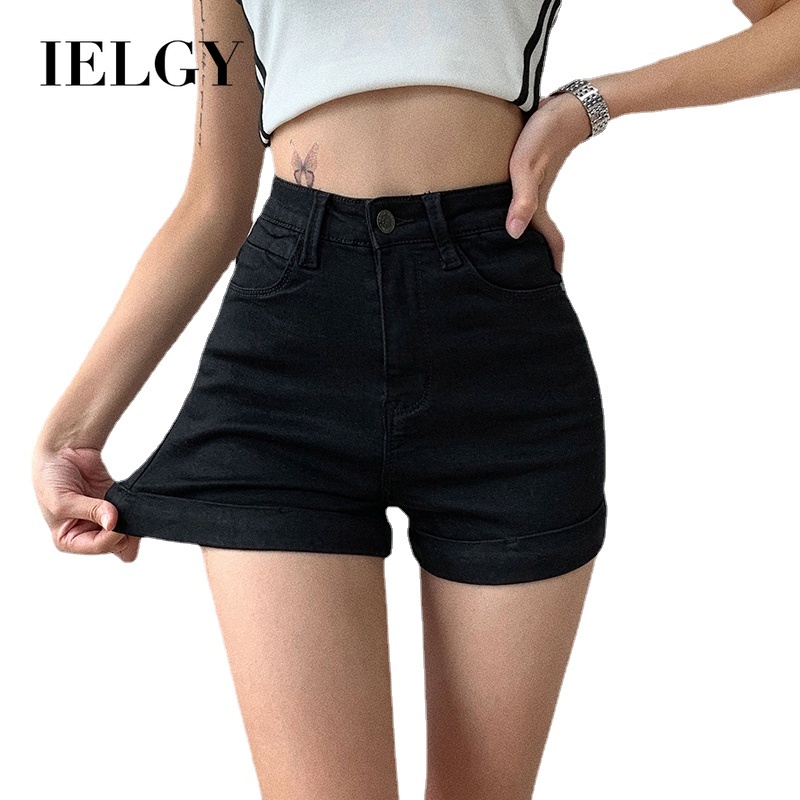 Quần ngắn denim IELGY dáng chữ A lưng cao co giãn thời trang mùa hè cho nữ