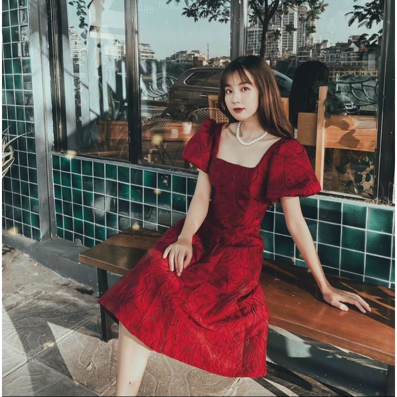 Đầm gấm nơ voan tay phồng_ video váy thứ 2 | BigBuy360 - bigbuy360.vn