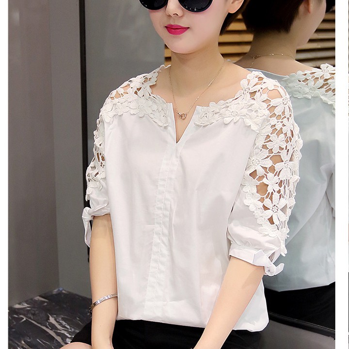 Áo kiểu nữ thời trang hở vai đính hoa sang trong trẻ trung Al06