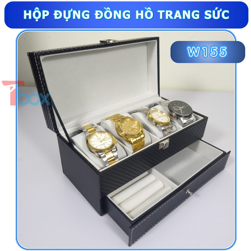 Hộp đựng đồng hồ,hộp trưng bày 4 đồng hồ và trang sức 2 tầng bằng da vân cacbon sang trọng