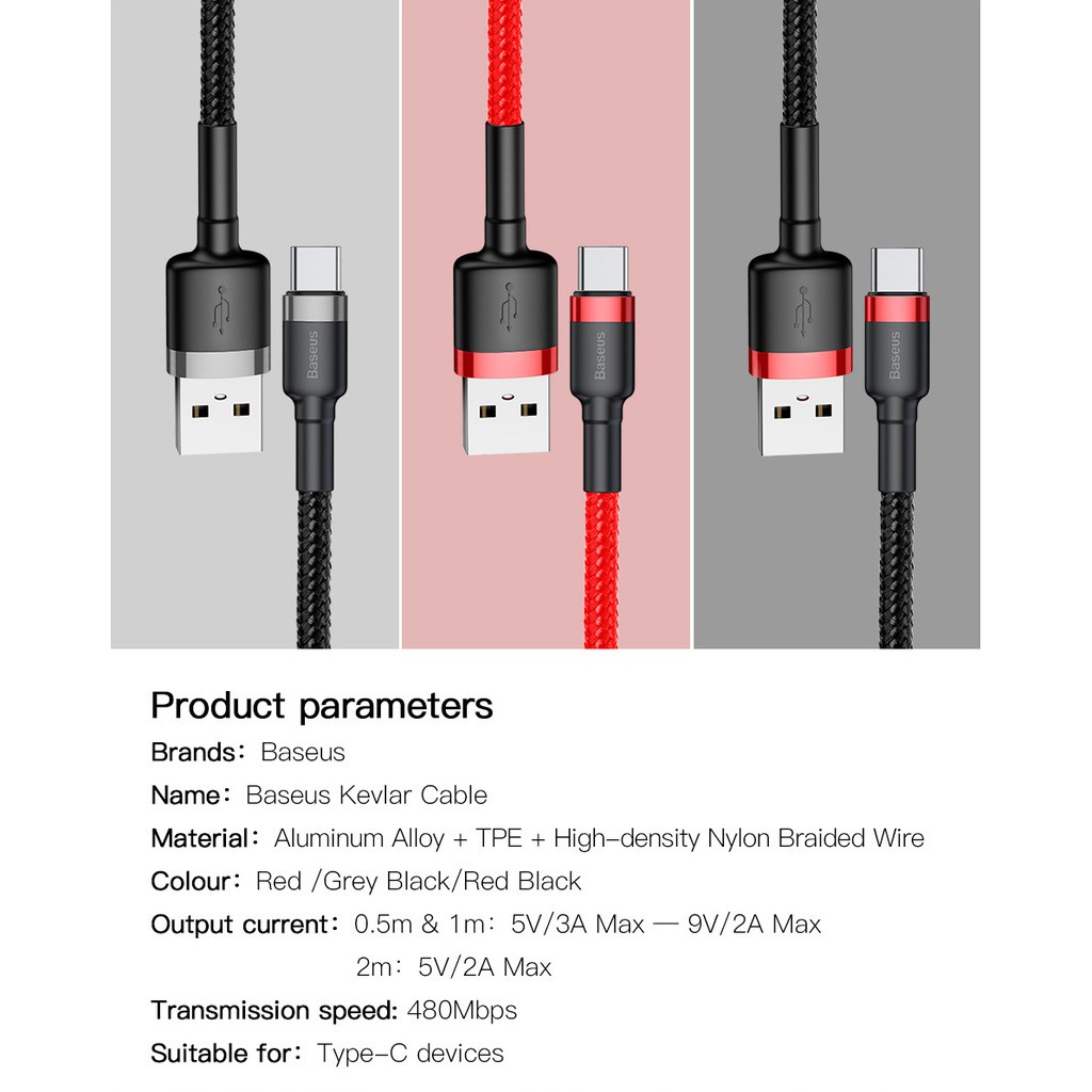 Dây sạc nhanh Type c Baseus - cáp sạc 2.4A bọc dù chắc chắn cho samsung huawei xiaomi ...