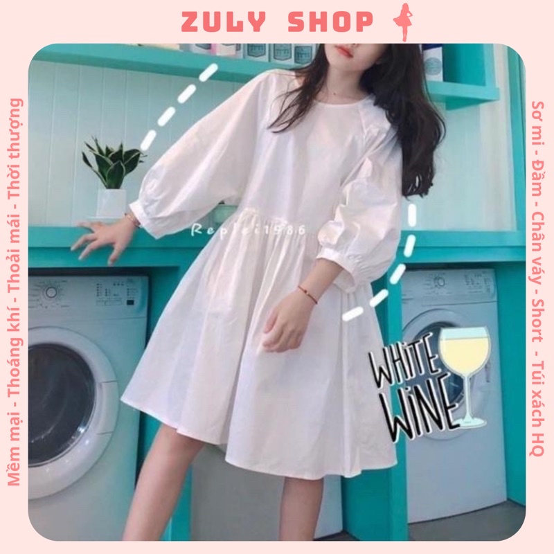 Đầm Babydoll tay phồng trơn màu Trắng - Đen ZuLyShop