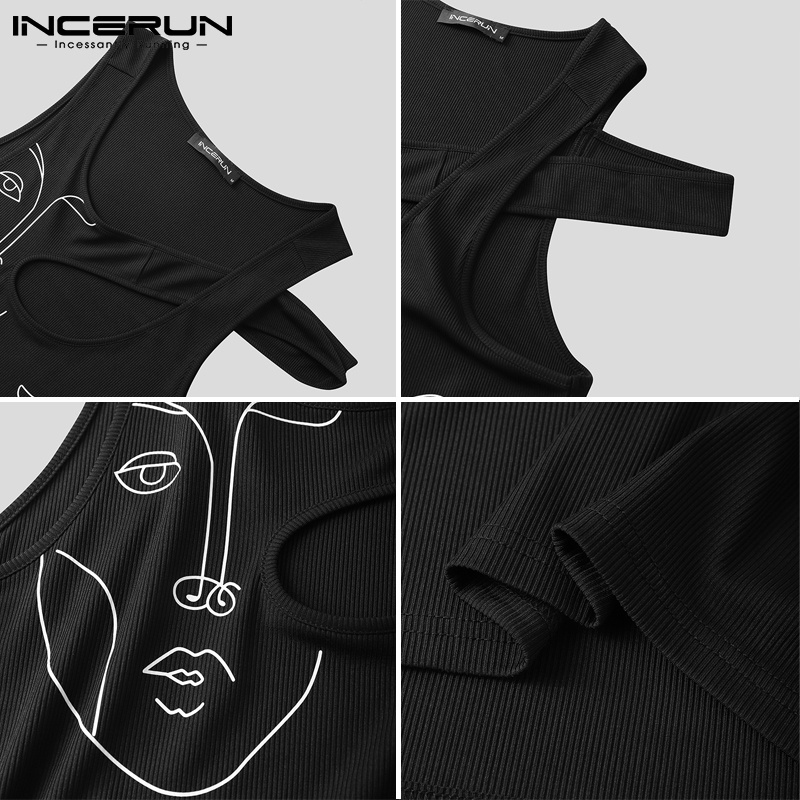 Áo tanktop INCERUN dành cho nam thiết kế không tay cắt lỗ in hình thời trang