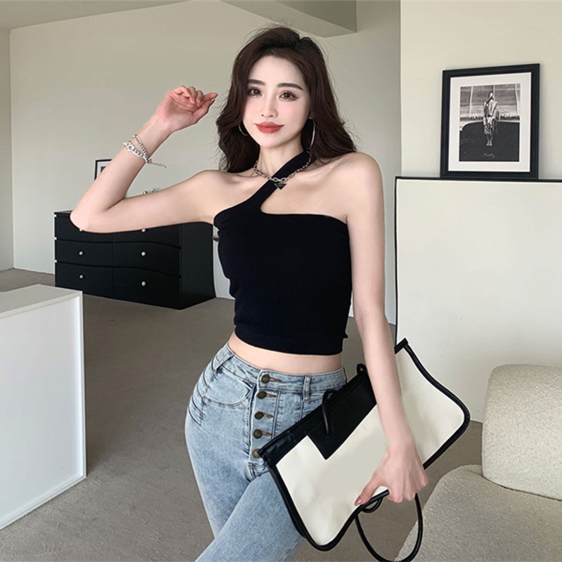 Áo Lửng Dệt Kim Cổ Yếm Chữ V Lệch Vai Có Miếng Đệm Ngực Cho Nữ